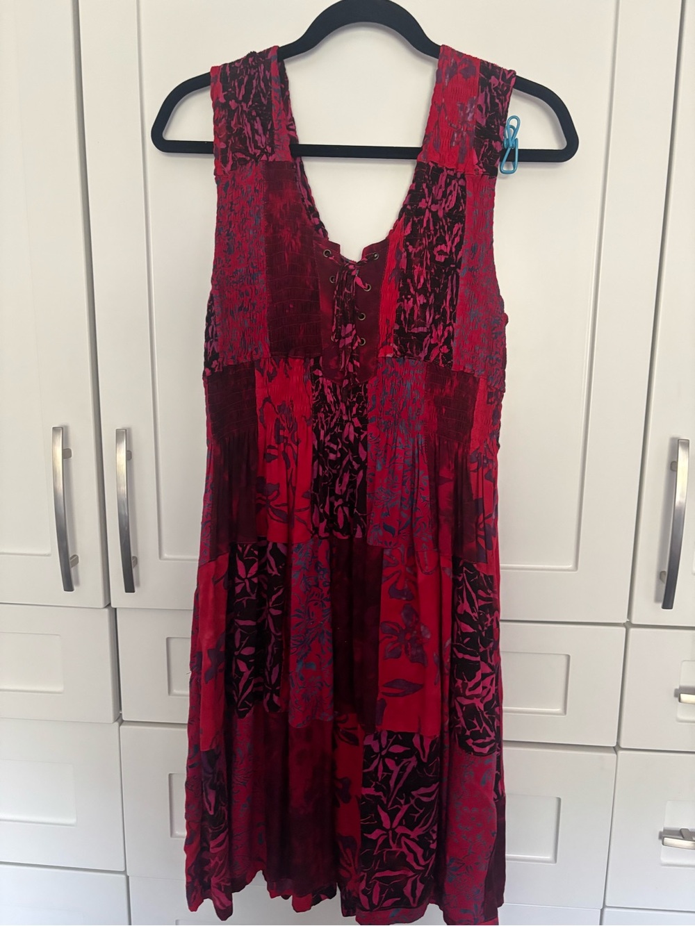 Blue Sky Red Patchwork Lace-Up Midi Dress